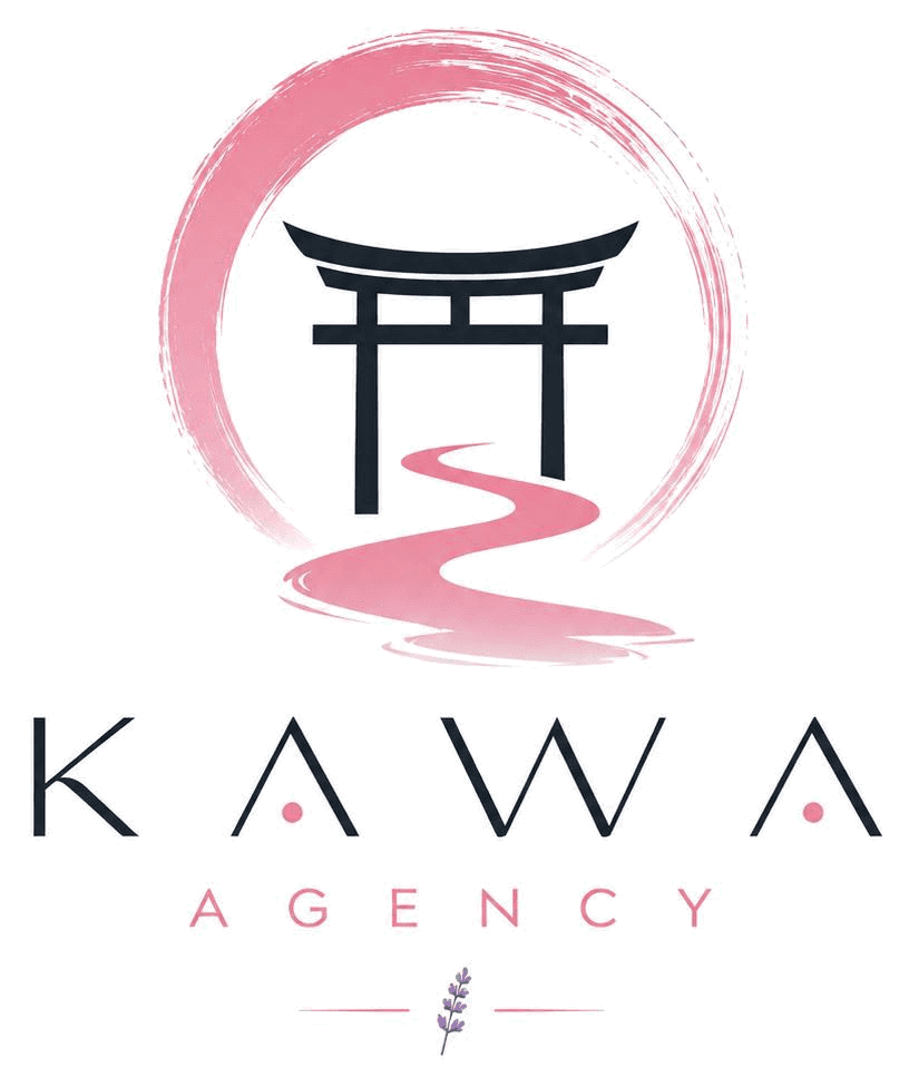 Kawa Agency: un ensō rosa con un torii y un río